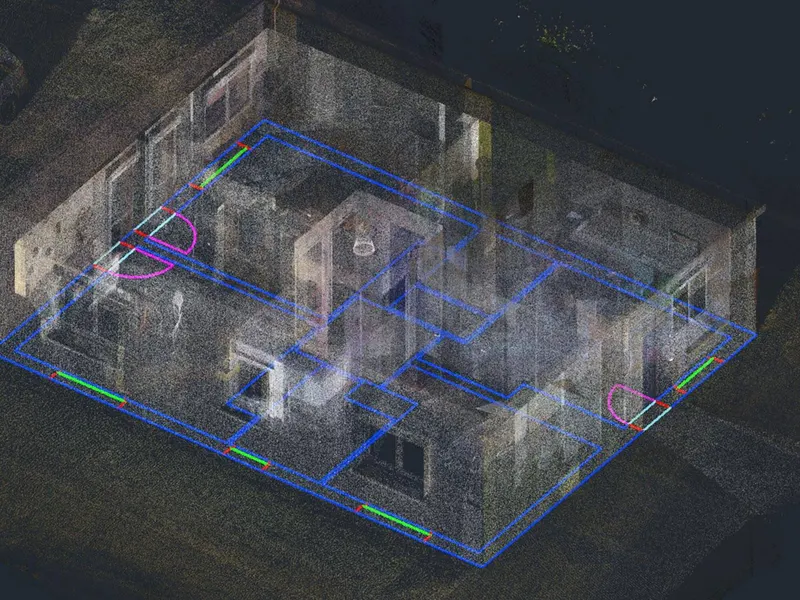 Building point cloud with referenced wall, opening and floor geometry in FARO As-Built