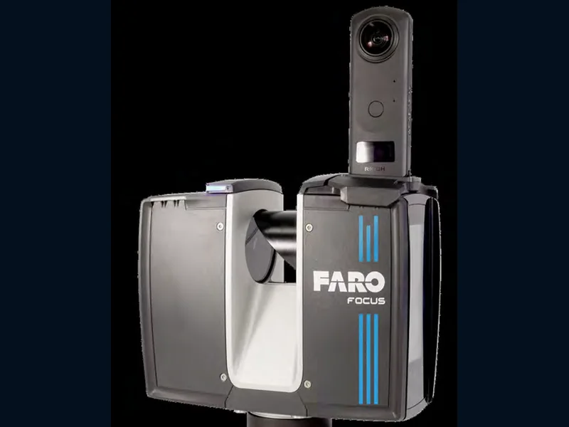 Three-quarter view of a FARO Focus Core laser scanner with an optional panoramic camera mounted above it