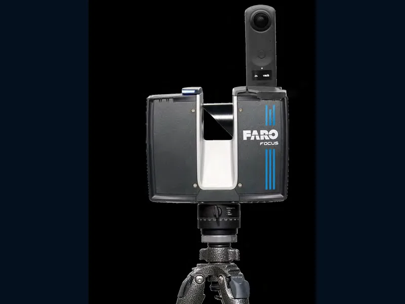 Front view of a FARO Focus Premium Max laser scanner with a panoramic camera mounted on a tripod