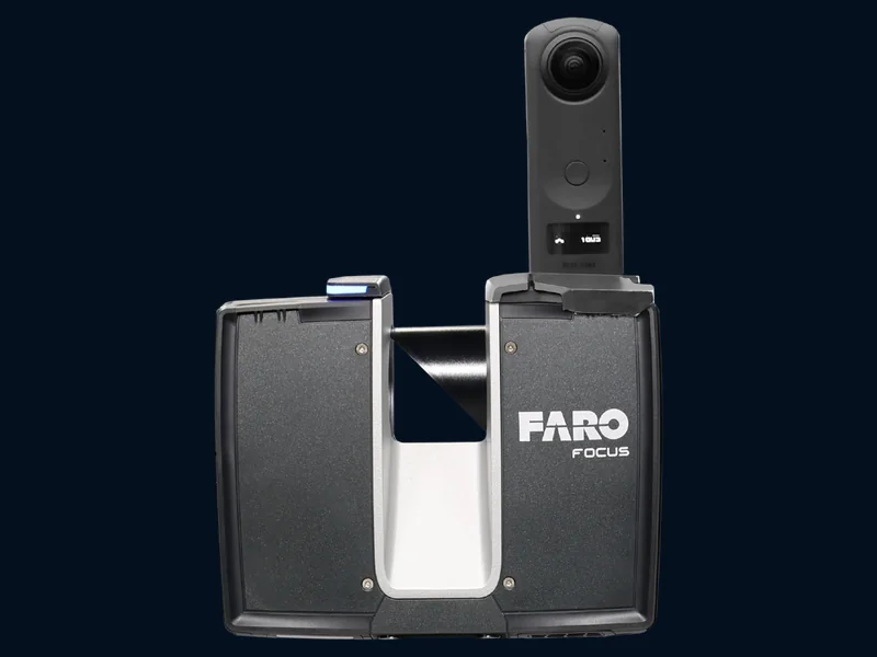 Front view of a FARO Focus Premium laser scanner with a mounted panoramic camera