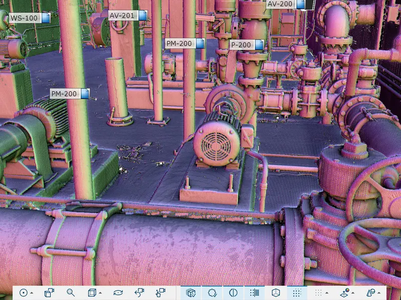 Industrial equipment and pipework represented as a point cloud in FARO SCENE