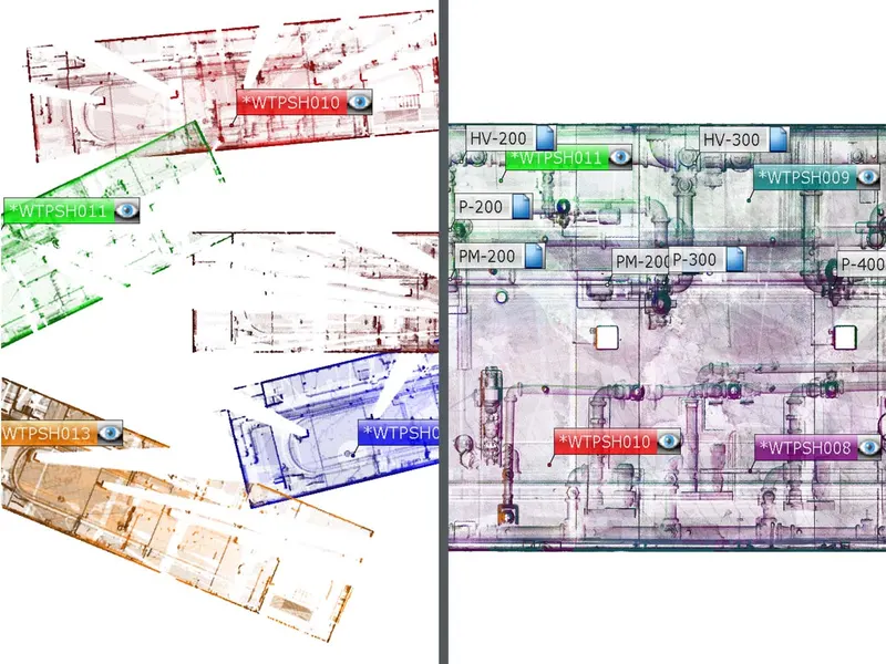 FARO SCENE views showing connected scan regions and a coordinated building point cloud