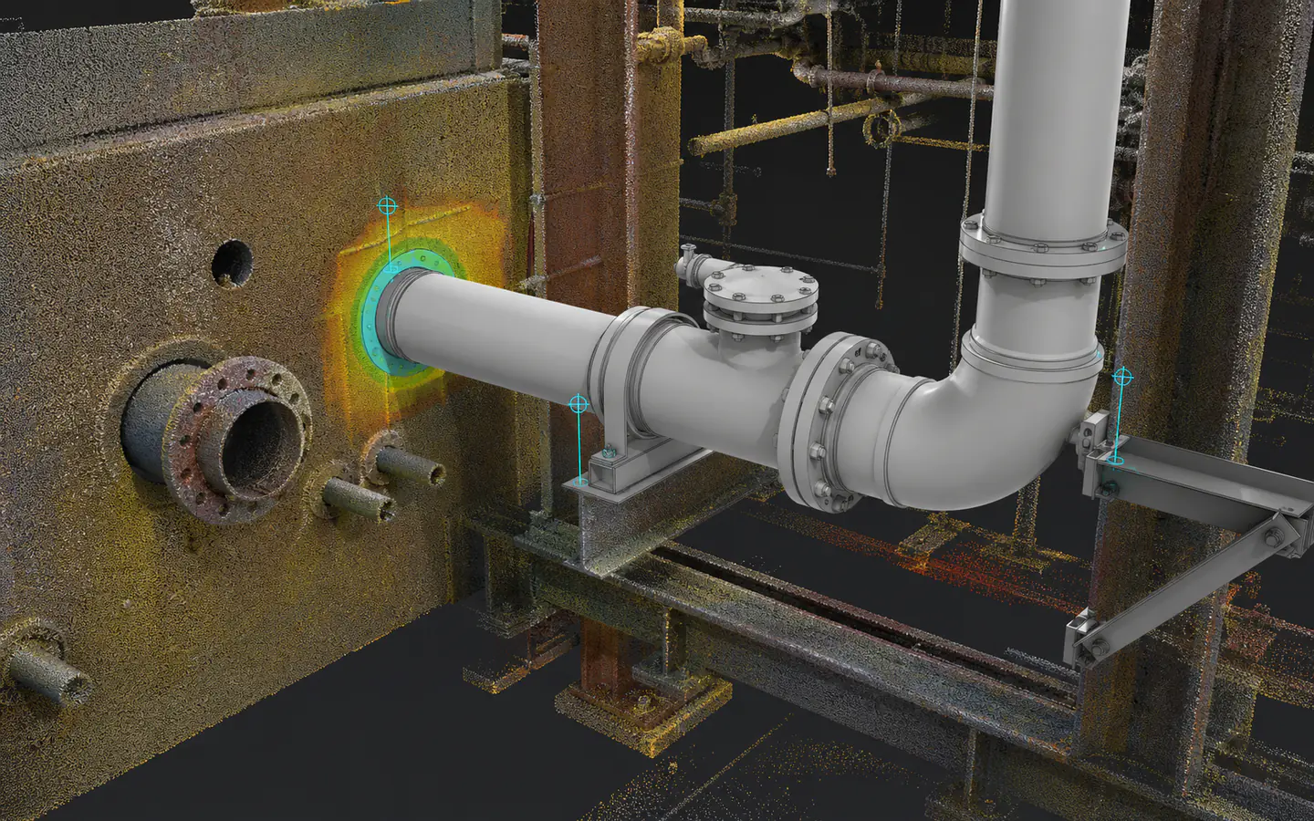 Fabrication team comparing verified field point-cloud geometry with a prefabricated assembly and installation interfaces