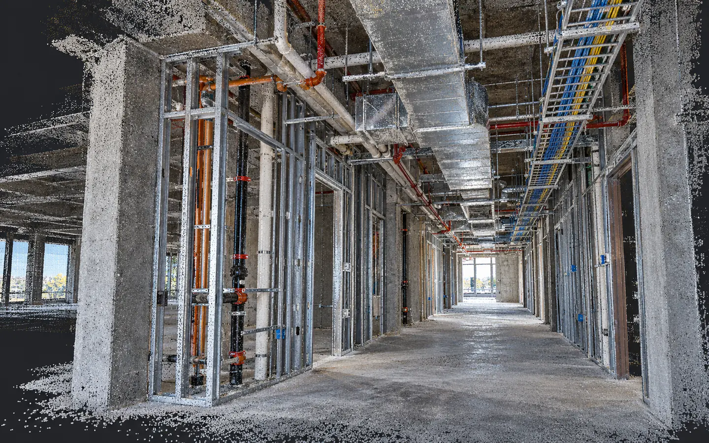 Illustrative point cloud of exposed services and wall framing before construction close-in