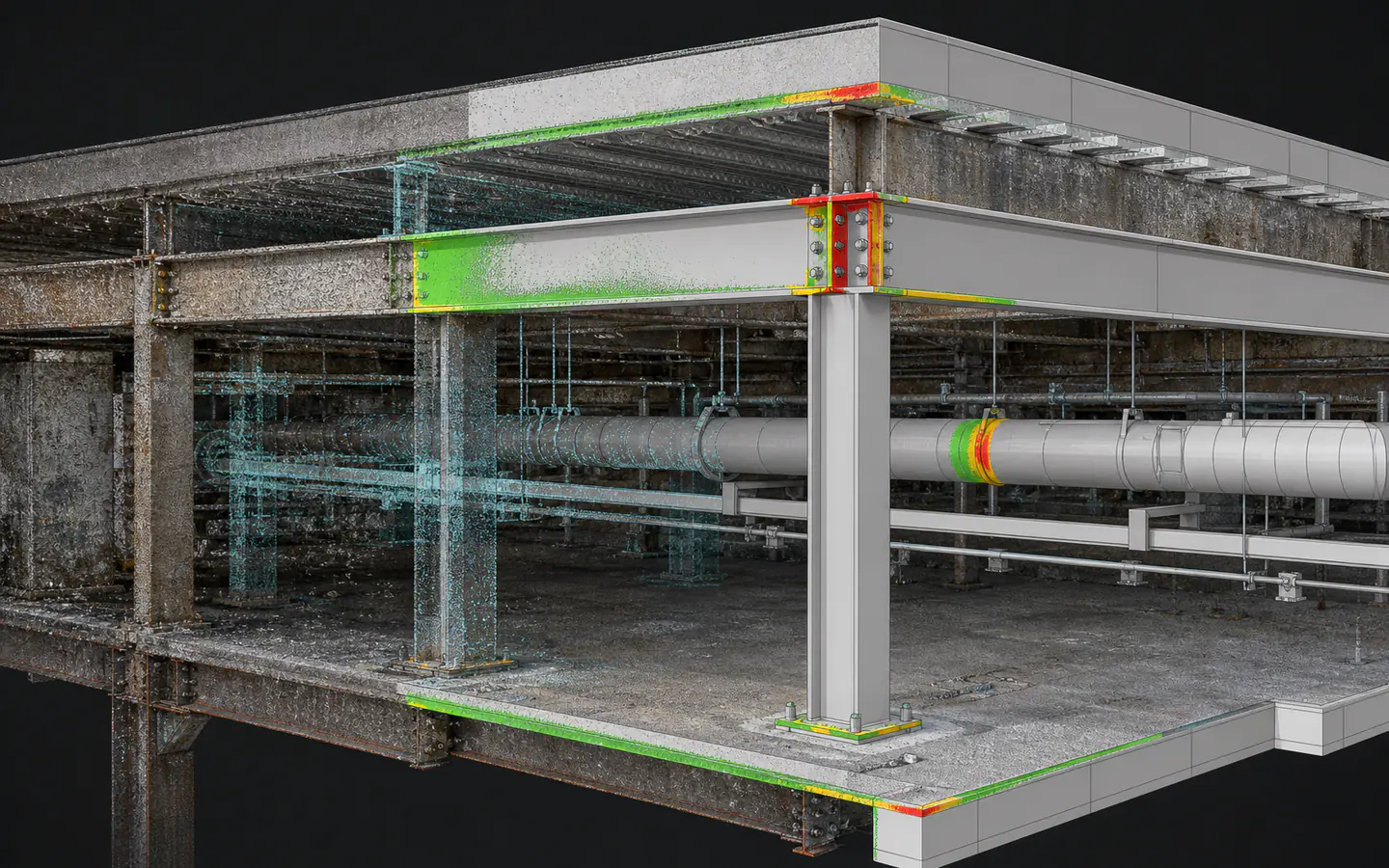 Construction team comparing a dated site point cloud with a coordinated model and color-coded deviation review
