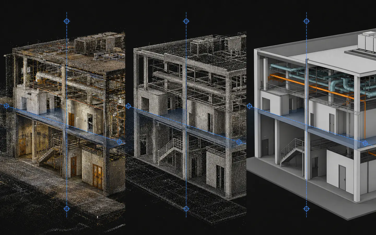 The same building aligned across a registered point cloud, indexed cloud and selected existing-condition BIM