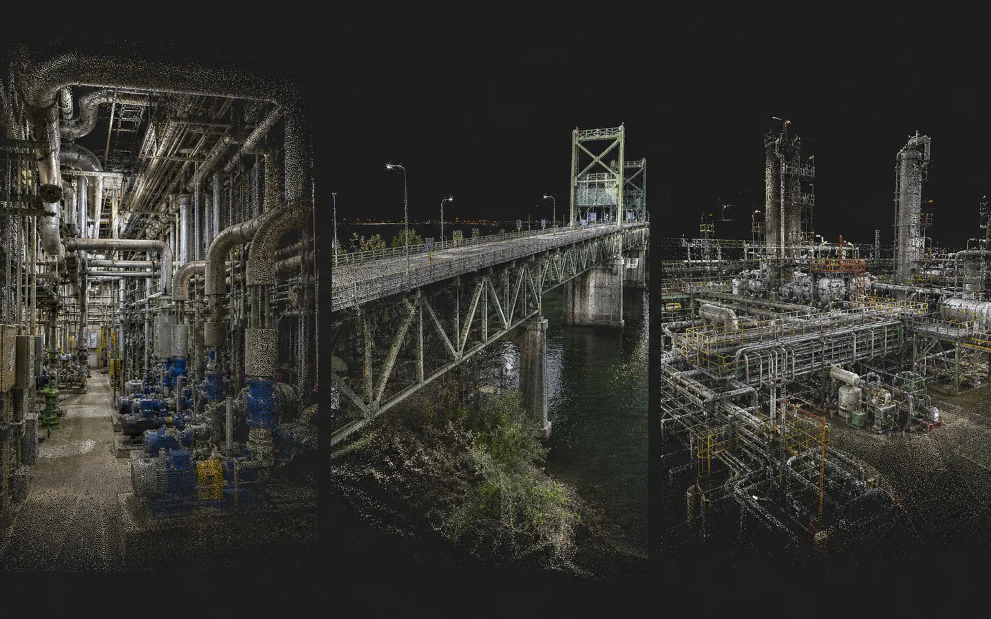 Three registered point cloud applications showing a mechanical interior, bridge and industrial process facility