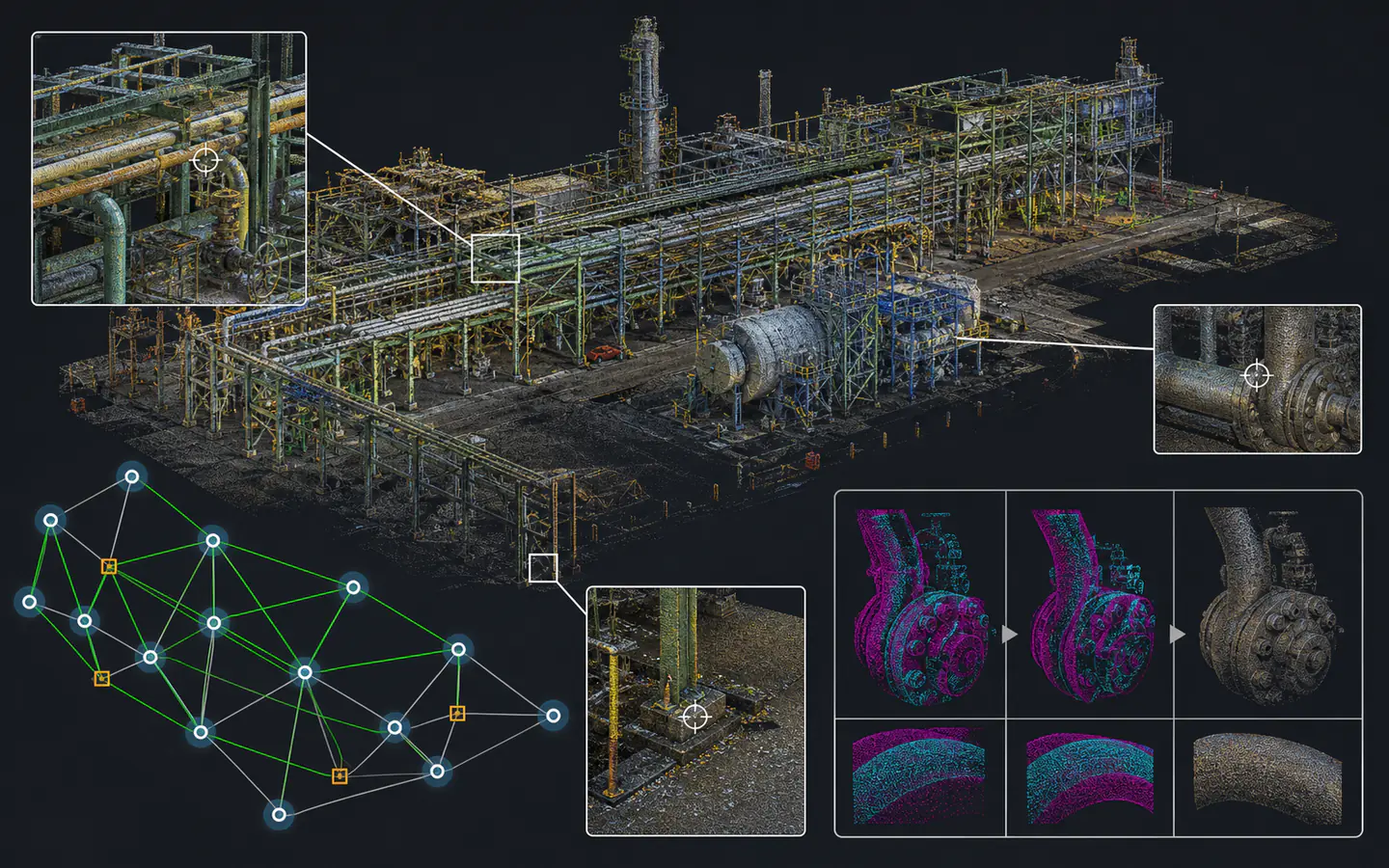 Industrial project point cloud with registration network, correspondence details and local alignment checks