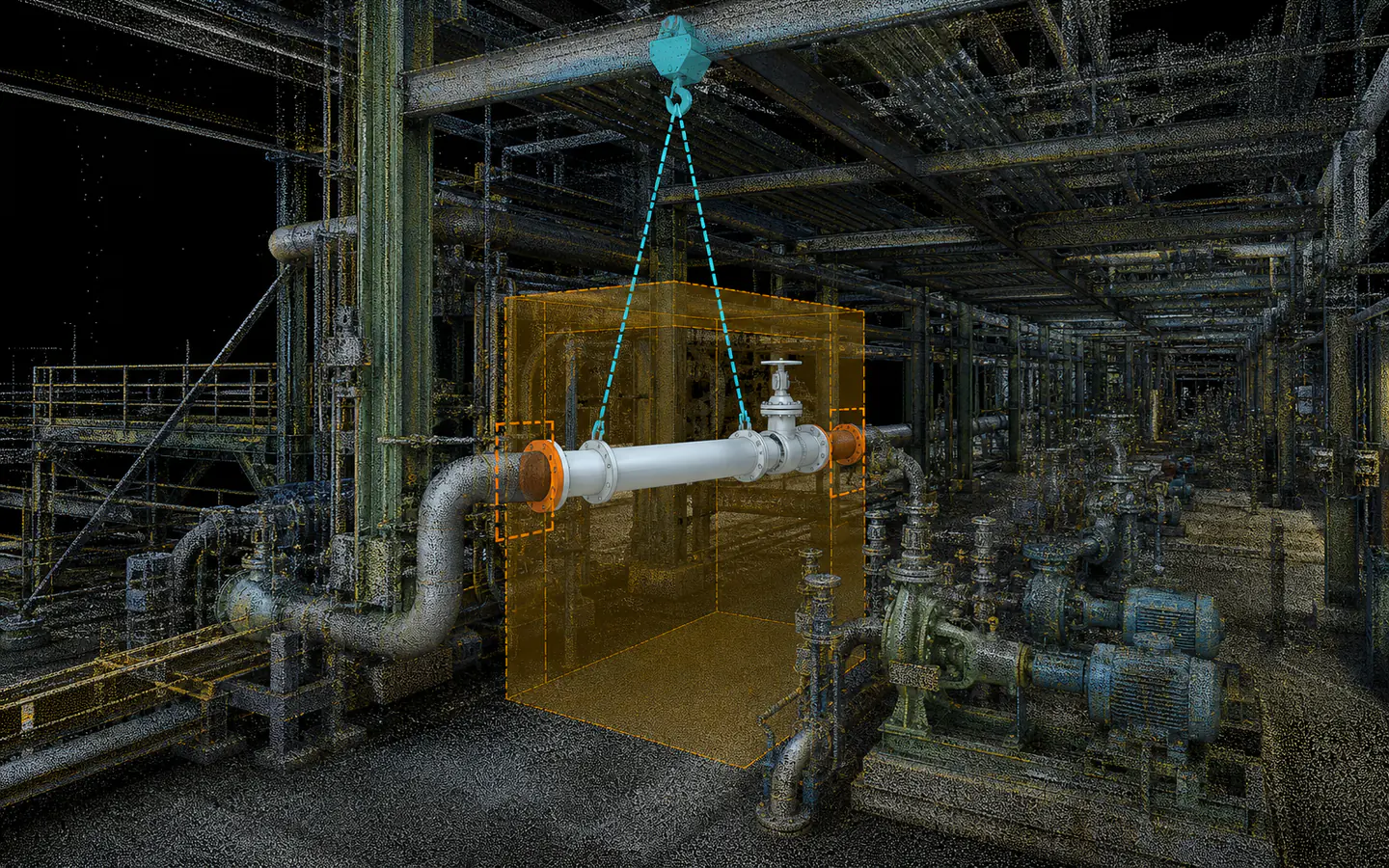 Industrial retrofit team reviewing verified point-cloud geometry around piping and equipment before a planned shutdown