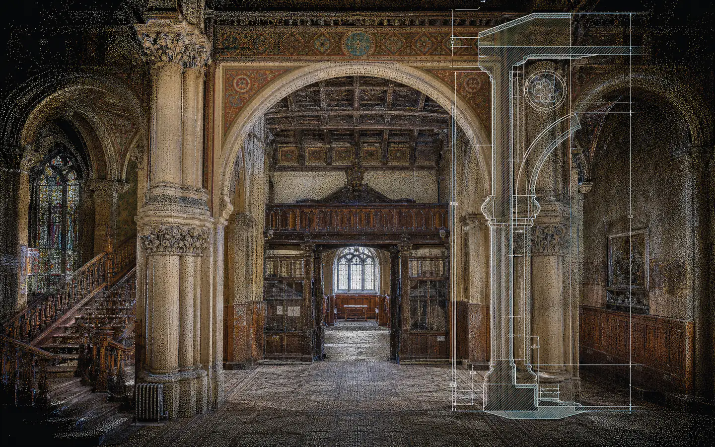 Preservation team documenting an ornate historic interior with measured point-cloud geometry and field observations