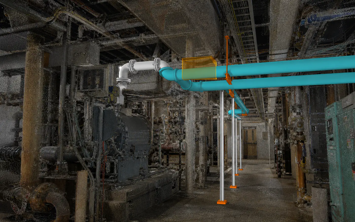 MEP team coordinating a measured point cloud of congested piping and ductwork with a retrofit model