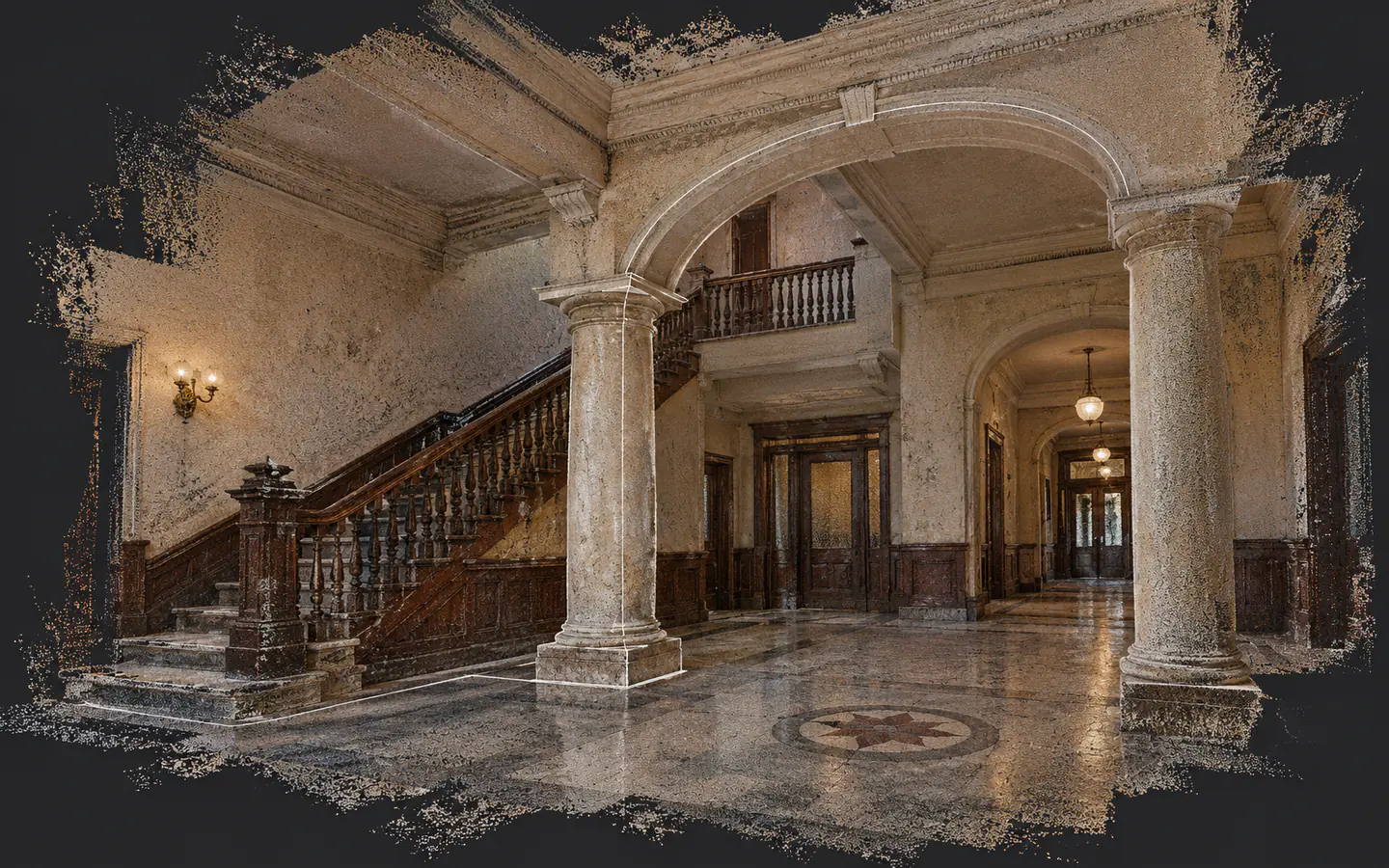 Illustrative point cloud of a historic hotel lobby with a column section outline