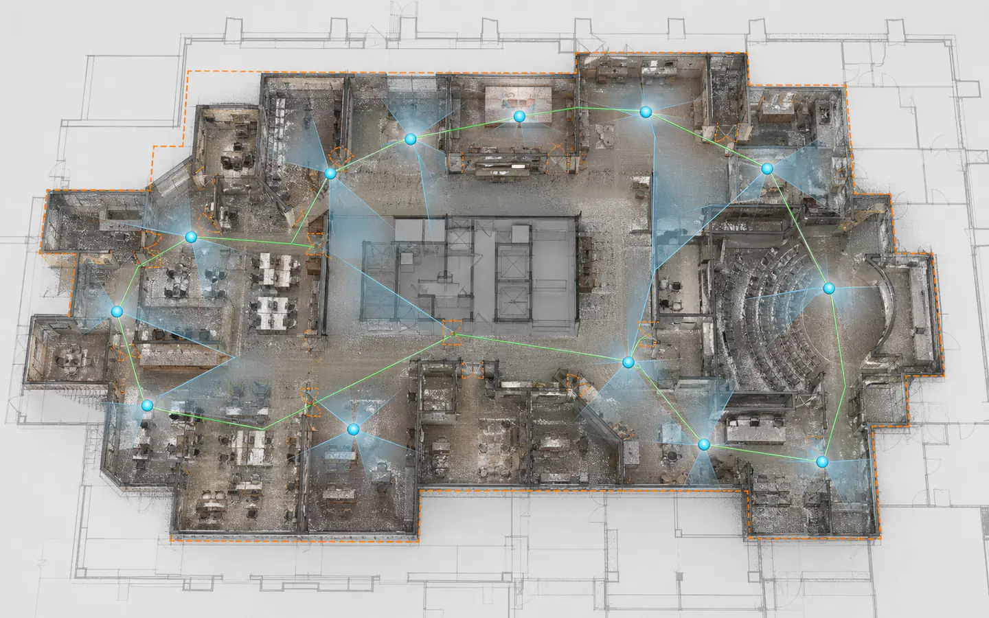 Overhead view of a building point cloud and floor plan with scan stations, overlap paths and access boundaries for scope planning
