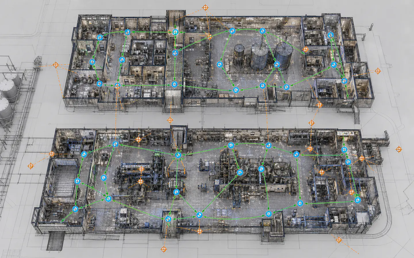 Two-level point cloud overview map with scan stations, redundant registration loops and distributed control references