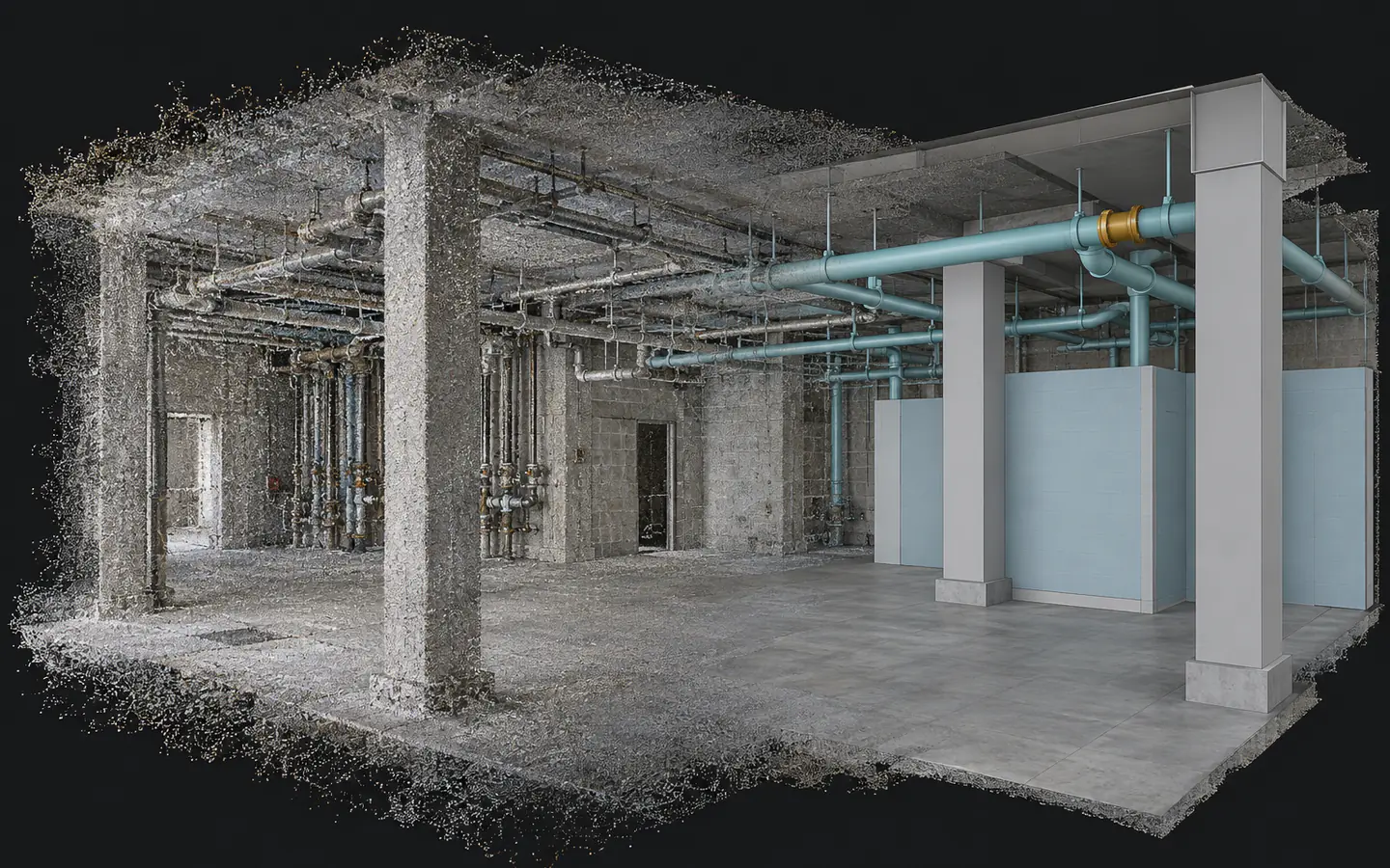 Illustrative transition from an industrial point cloud to selected BIM geometry, showing the scope of modeling work