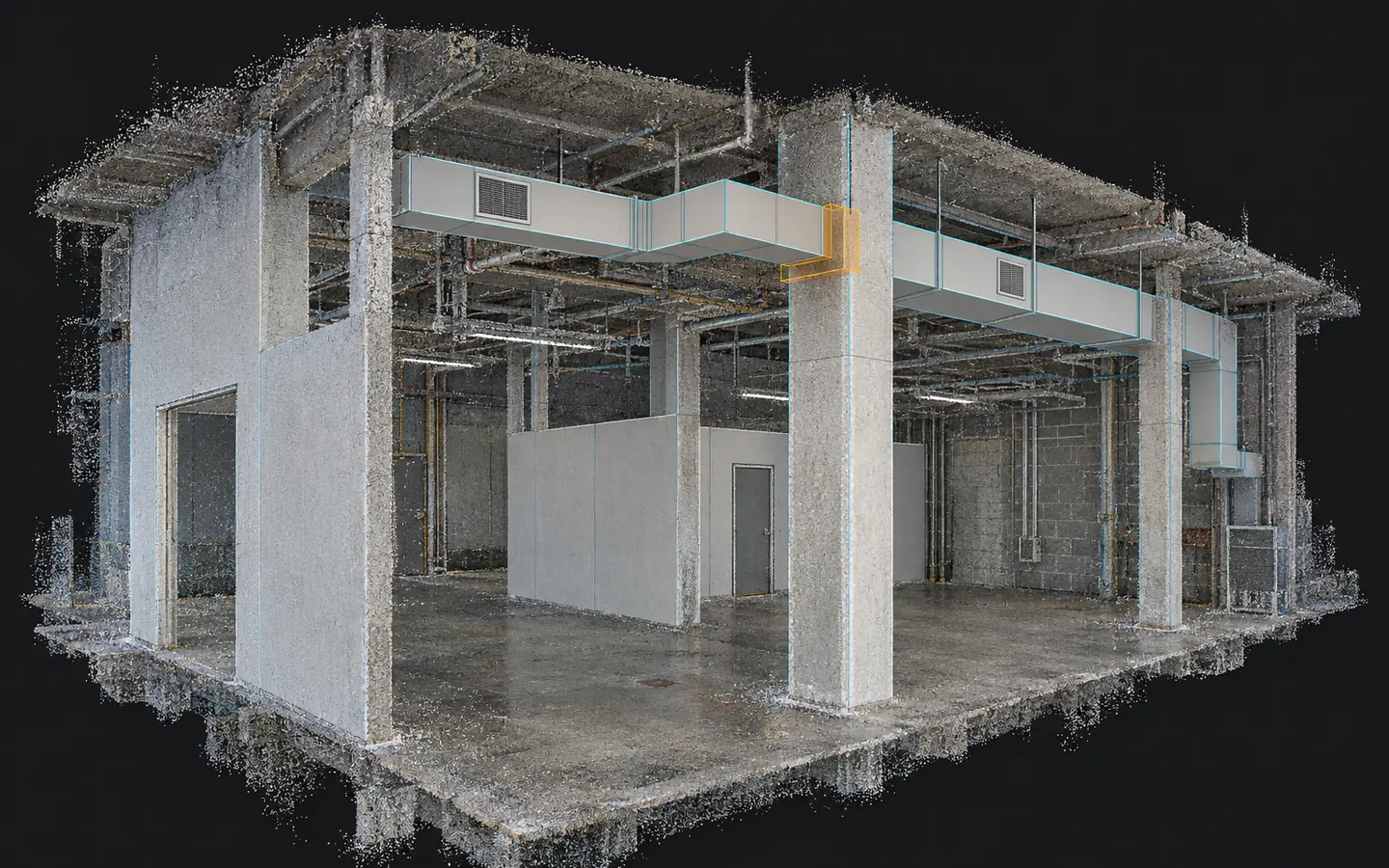 Illustrative point cloud and BIM overlay highlighting a localized geometry difference for model review