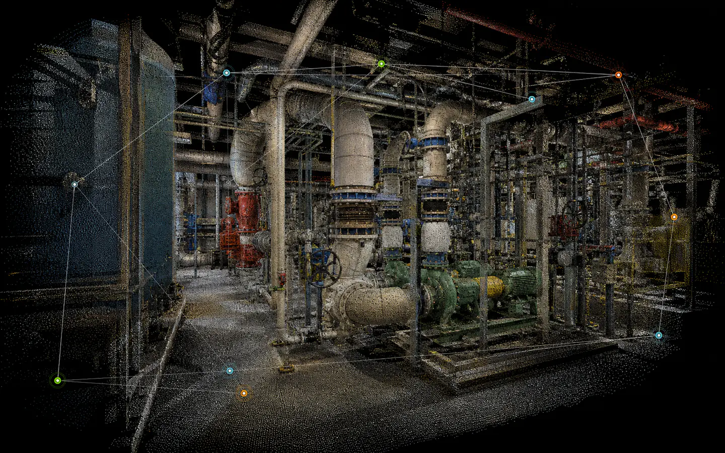 HDR-colorized industrial project point cloud with scan positions connected in a registered network