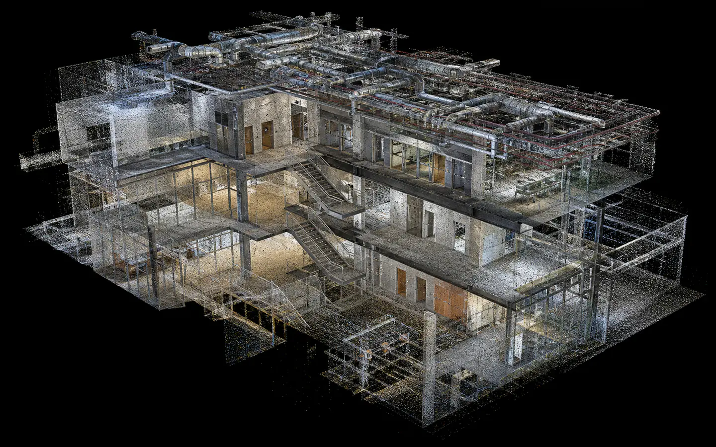 Registered full-color point cloud cutaway of a multilevel building with visible sampled surfaces and occlusions