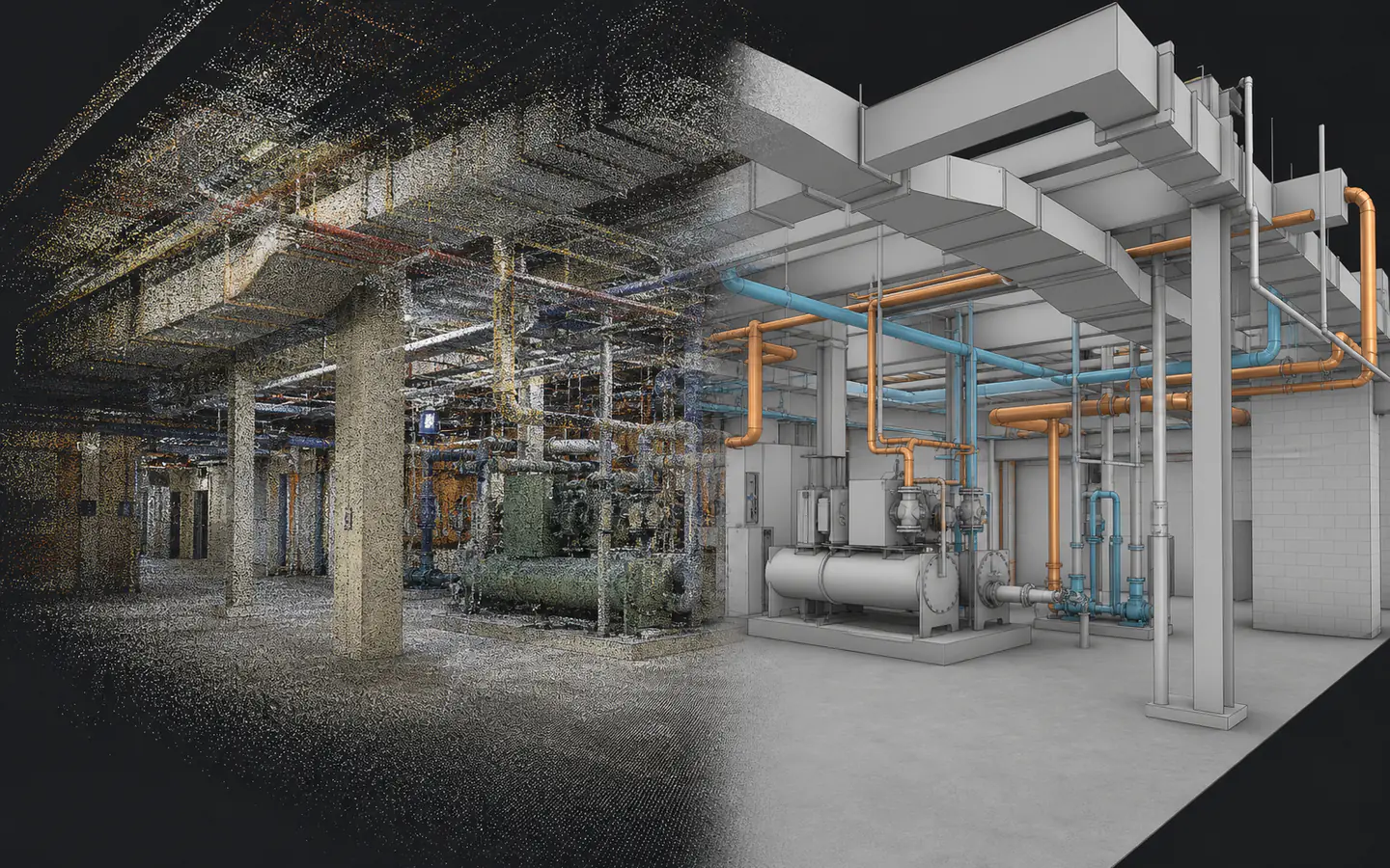 Aligned mechanical room point cloud and selected existing-condition BIM showing source data and modeled geometry