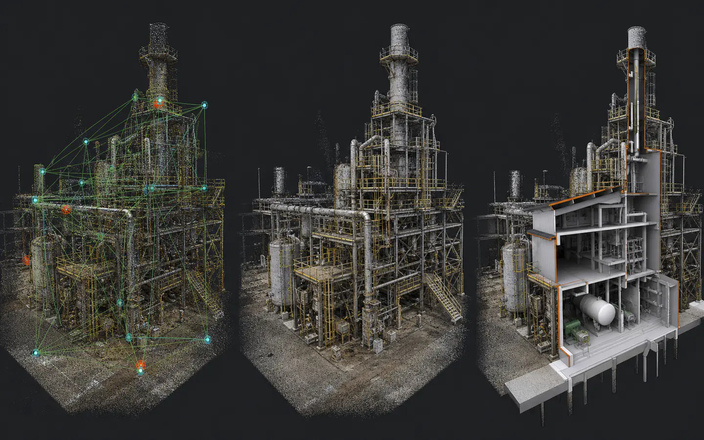 Industrial scan project progressing from interactive registration to a unified point cloud and selected BIM geometry
