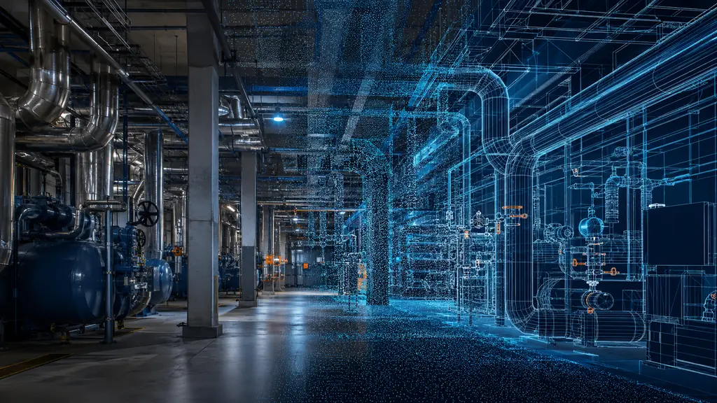 Industrial facility represented as a blue 3D reality-capture point cloud
