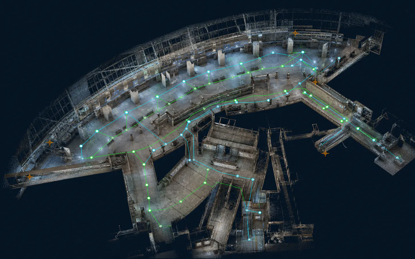 Airport concourse point cloud with a connected registration plan spanning rooms, corridors and level changes